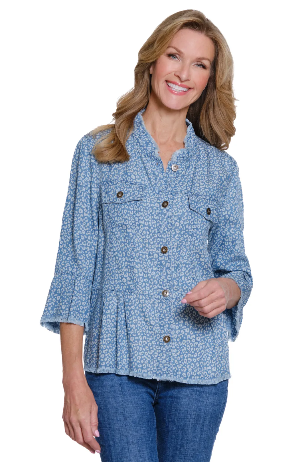 Printed Denim Top or Jacket w/ Flounce Sleeves