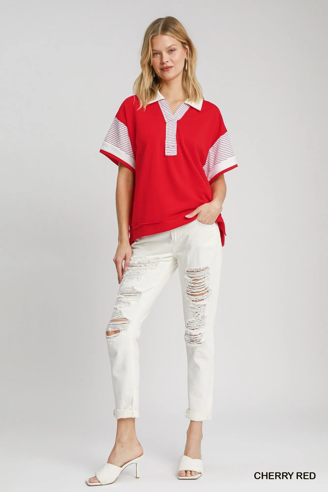 Red Solid & Stripe Contrast French Terry Top