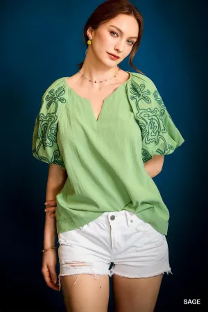 Sage Green Embroidered Balloon Sleeve Top