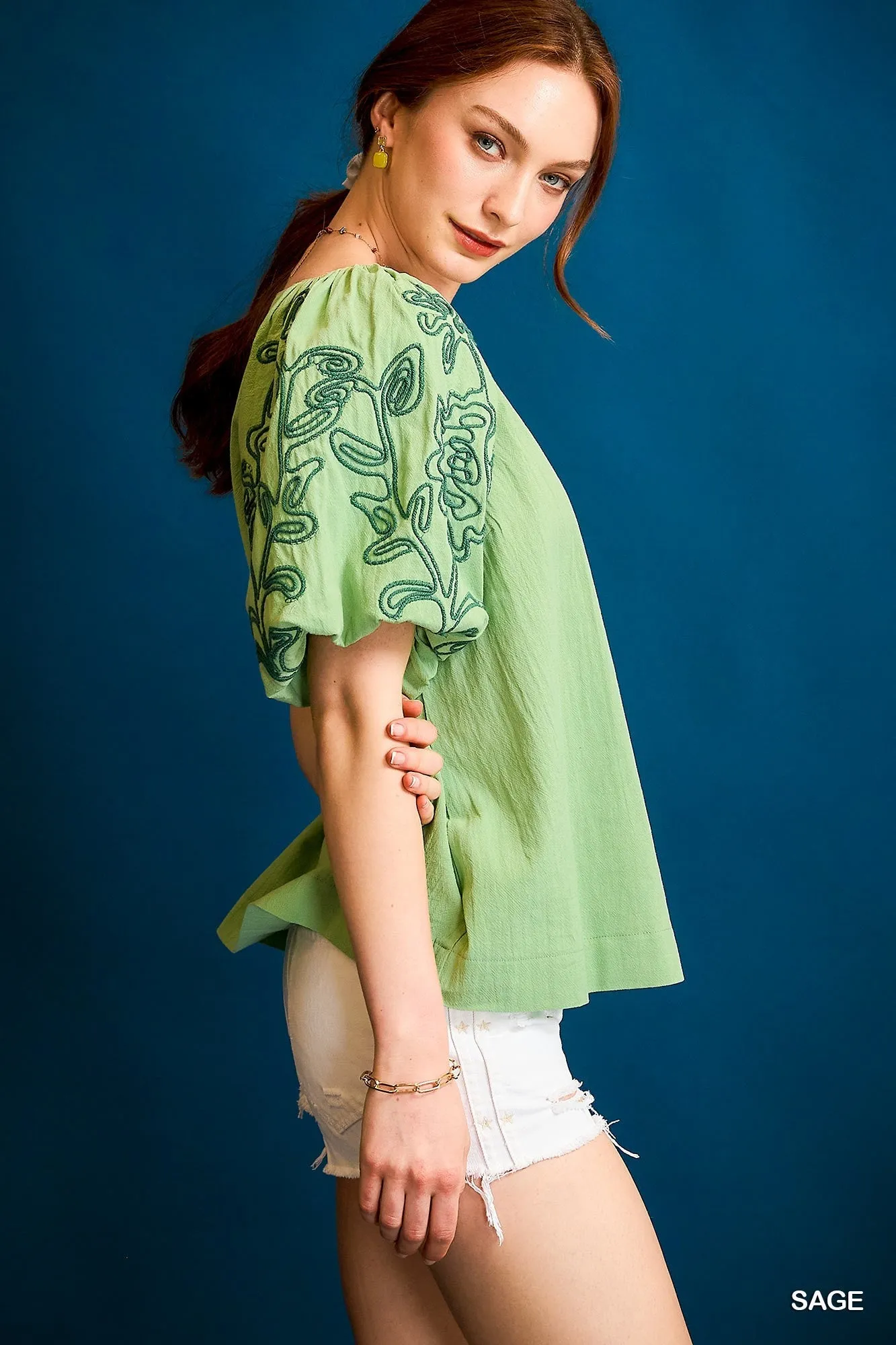 Sage Green Embroidered Balloon Sleeve Top