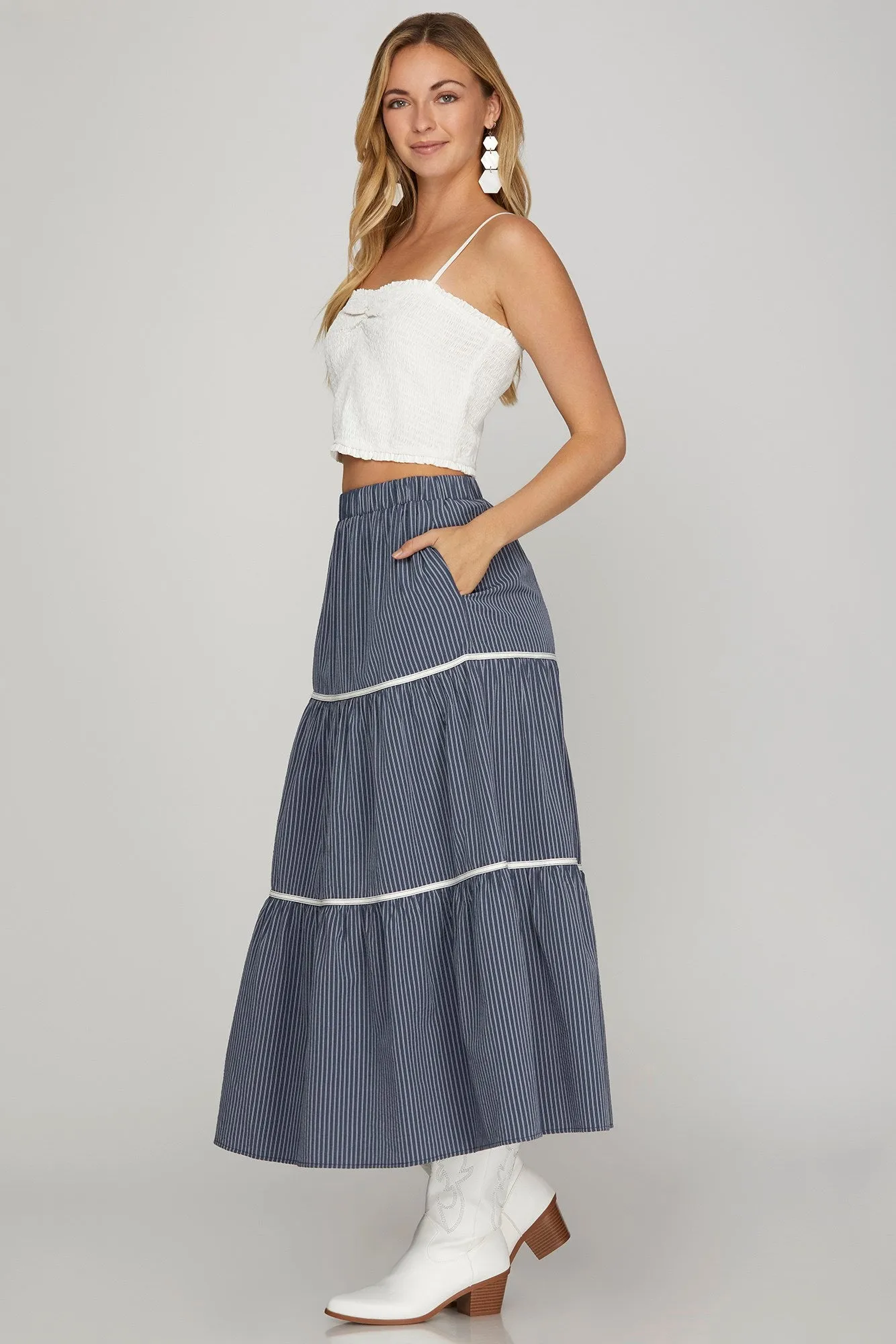 Striped Tiered Maxi Skirt & Crop Top Set