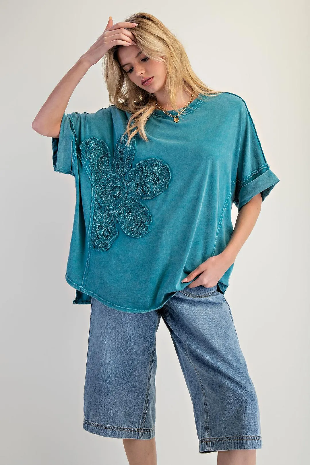 Teal Flower Patch Mineral Wash Top