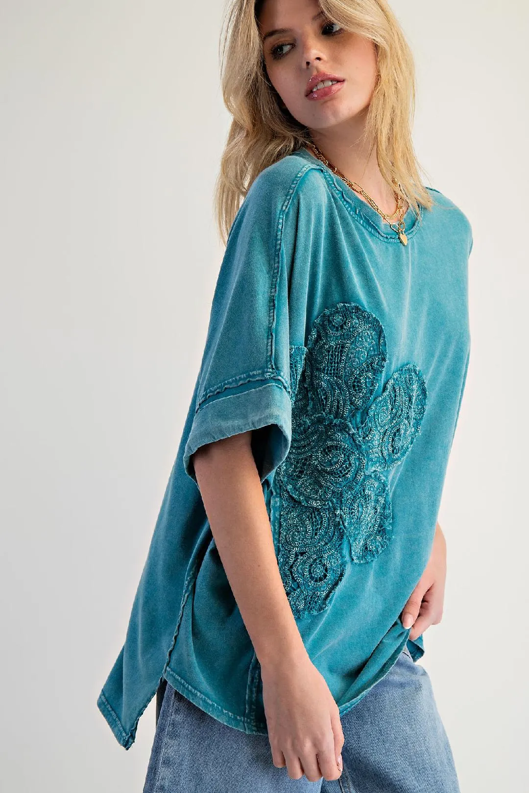 Teal Flower Patch Mineral Wash Top