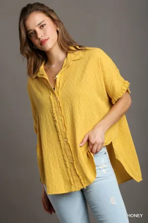 Textured Cotton High/Lo Button Down Top-Honey