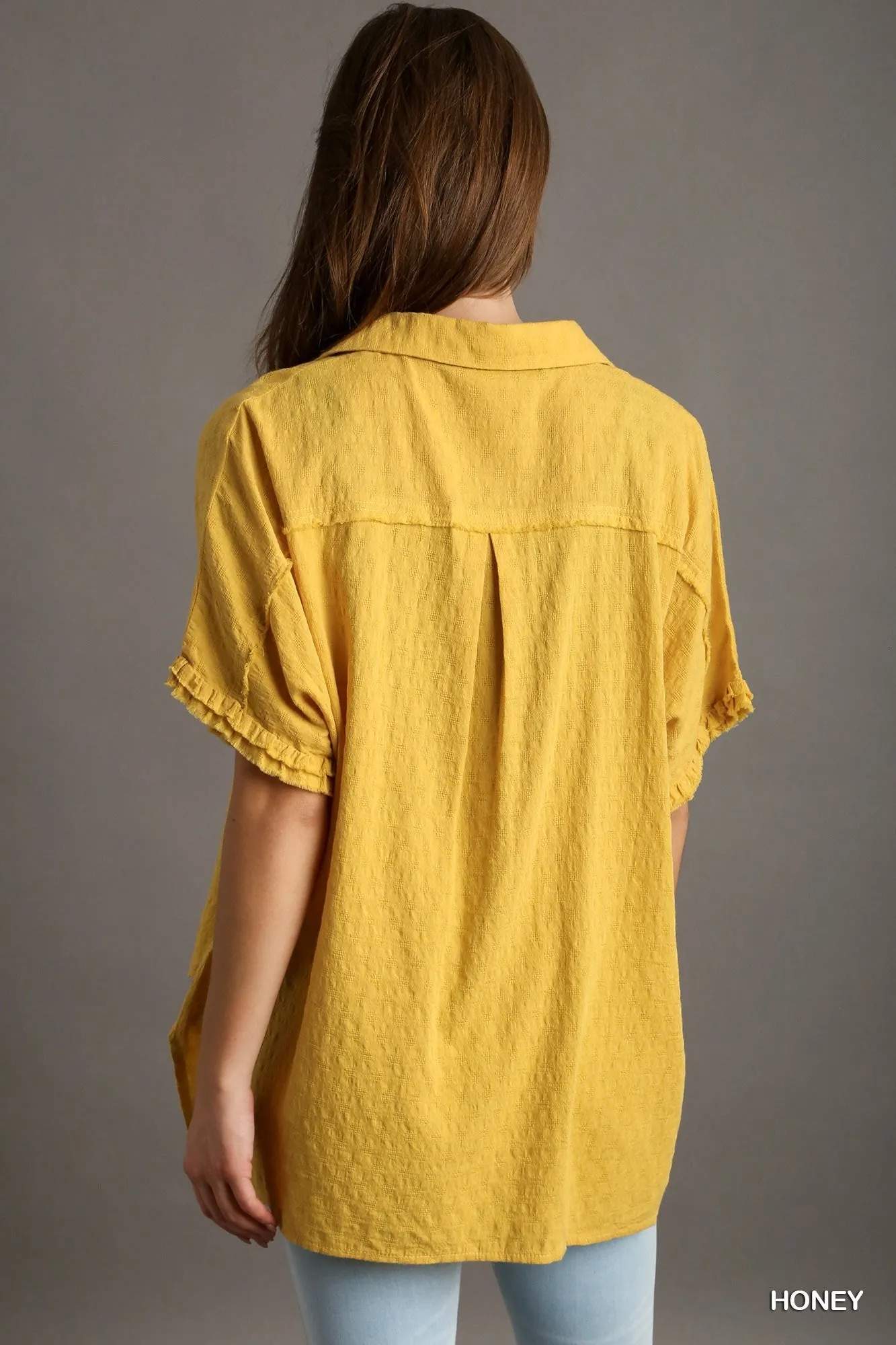 Textured Cotton High/Lo Button Down Top-Honey
