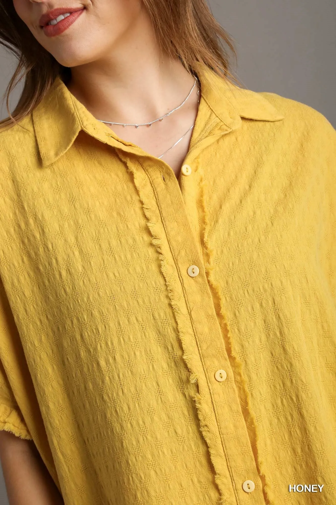 Textured Cotton High/Lo Button Down Top-Honey