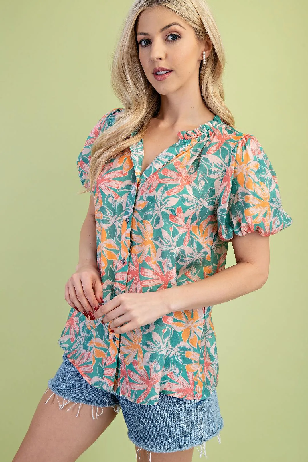 Tropical Floral Button Up Blouse