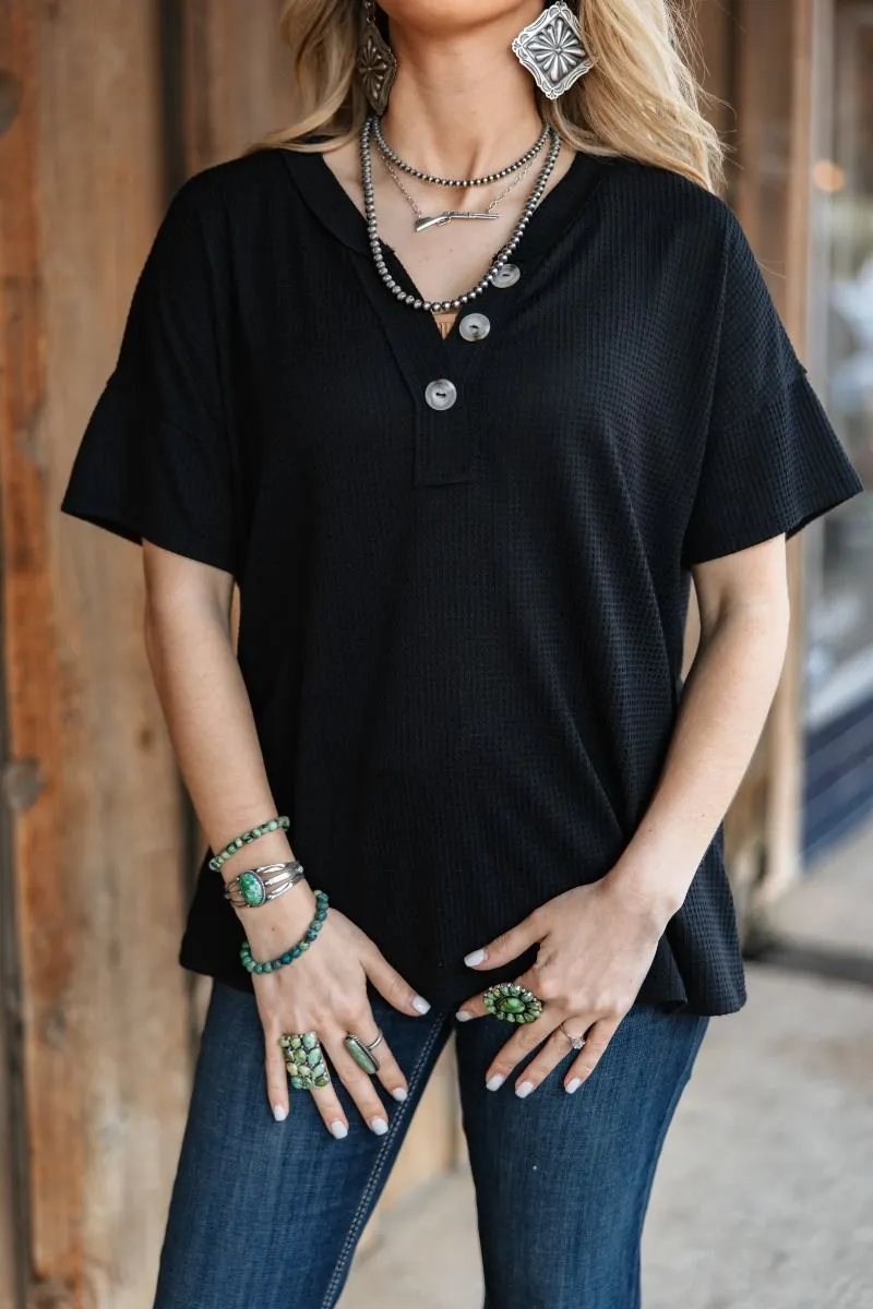Waffle Button Tee-Black