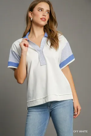 White & Blue Stripe Contrast French Terry Top