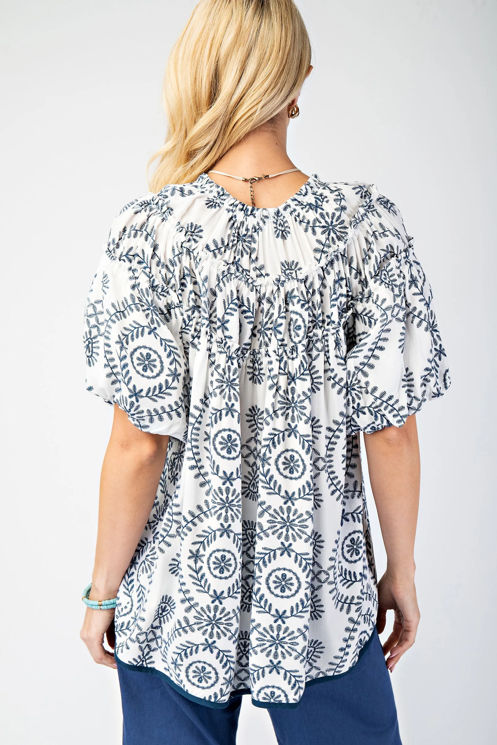White w/ Navy Puff Sleeve Shirred Top w/ Ruffle Details