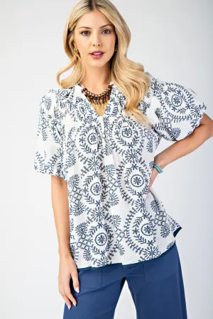 White w/ Navy Puff Sleeve Shirred Top w/ Ruffle Details