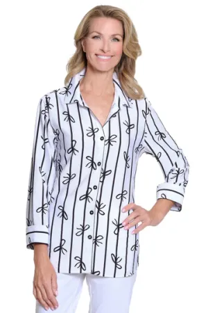 White Woven Women's Shirt w/ Black Bow Print