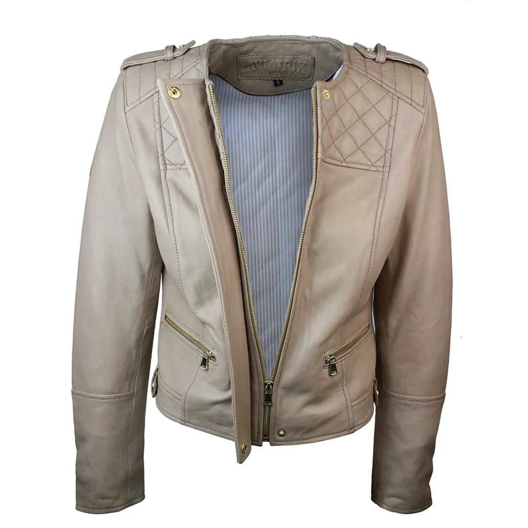 Women's Cream Biker Fitted Lambskin Leather Jacket
