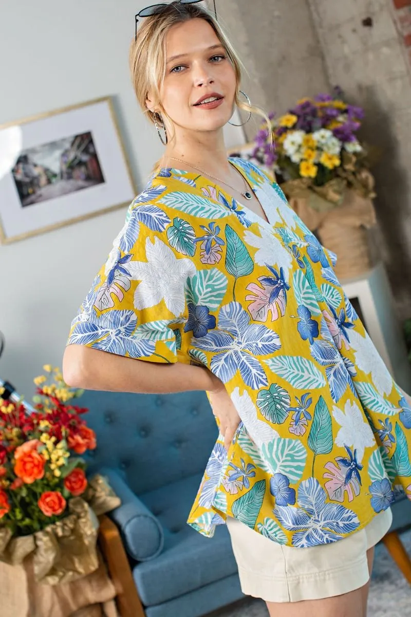 Yellow & Blue Tropical Floral V-Neck Top