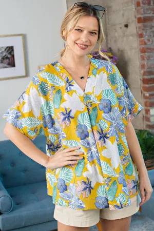 Yellow & Blue Tropical Floral V-Neck Top